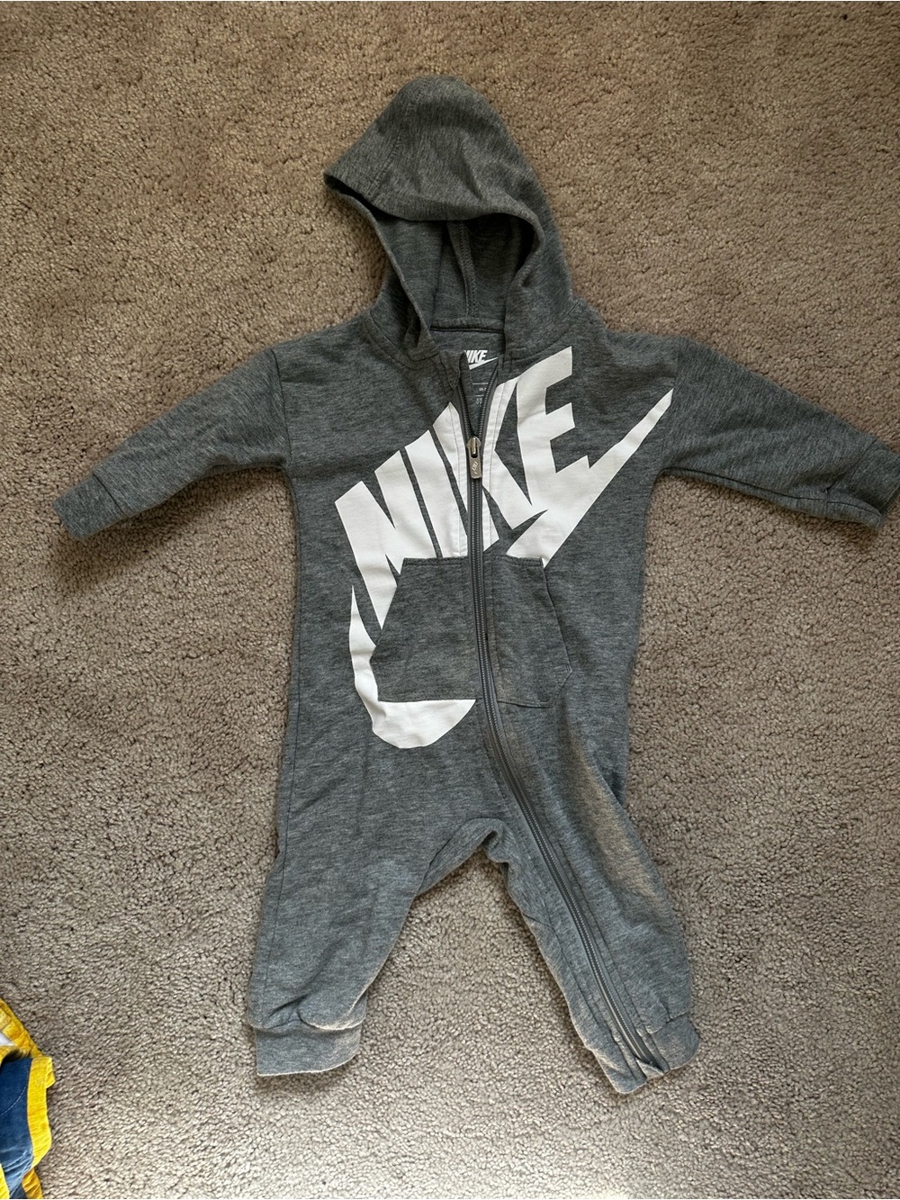 Nike Gray Hooded Baby Onesie with White Logo